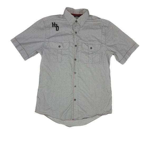 Harley-Davidson Button Down Short Sleeve Pockets Gray Spell Out On Back Mens M - Picture 1 of 7